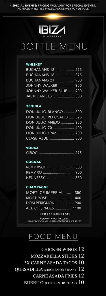 Bottle Service Menu - Ibiza Nightclub | Huntington Park | Los Angeles